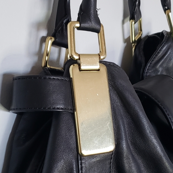 Banana Republic black leather with gold accents tote satchel purse - Picture 3 of 14